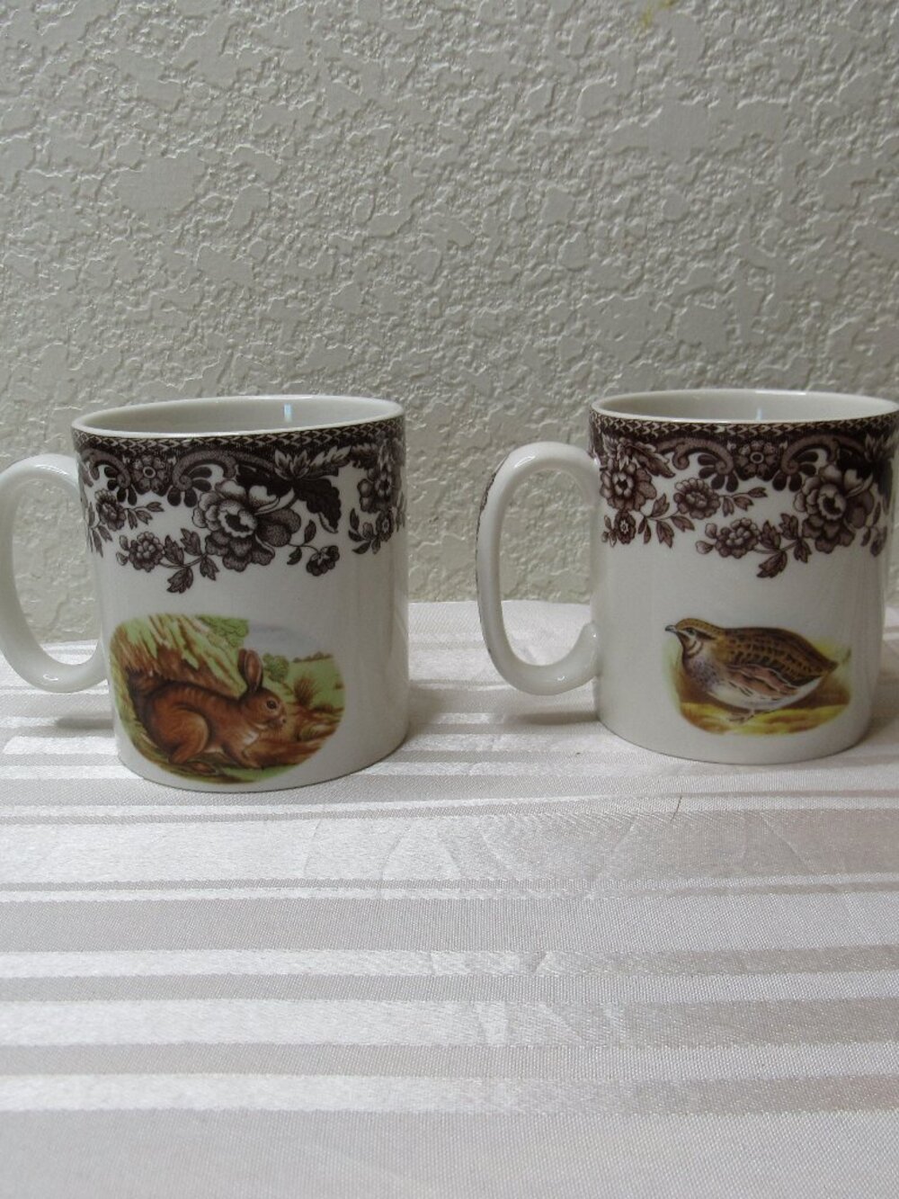 Spode Woodland Mugs Rabbit Quail 4" White Cream Brown Elegant Lot of 2 Good